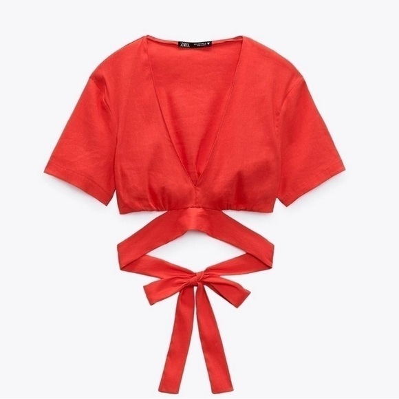 ZARA Red Linen Wrap Crop Top | Size M - Picture 2 of 10